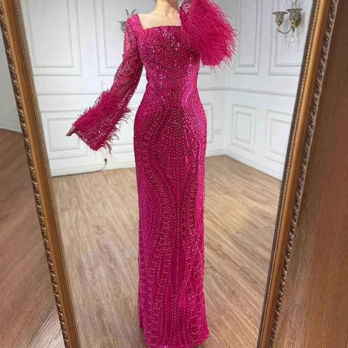 Luxury Fuchsia Dubai Evening Dress Long Sleeves with Feather LA72565 - SERENE HILL