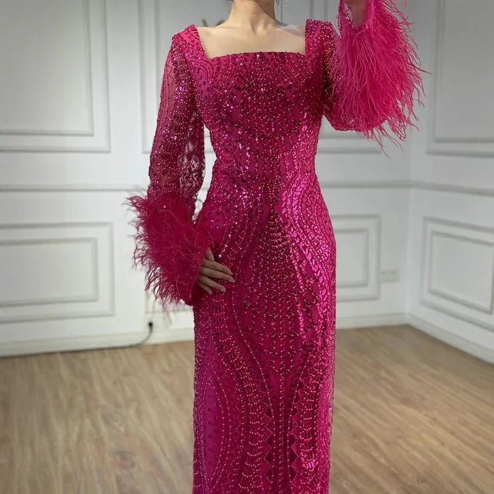 Luxury Fuchsia Dubai Evening Dress Long Sleeves with Feather LA72565 - SERENE HILL