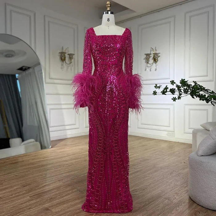 Luxury Fuchsia Dubai Evening Dress Long Sleeves with Feather LA72565 - SERENE HILL