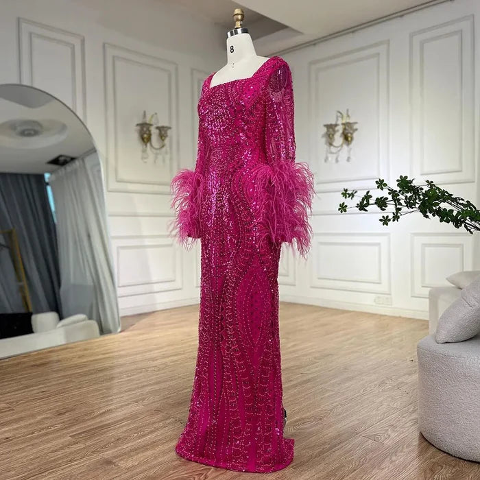 Luxury Fuchsia Dubai Evening Dress Long Sleeves with Feather LA72565 - SERENE HILL