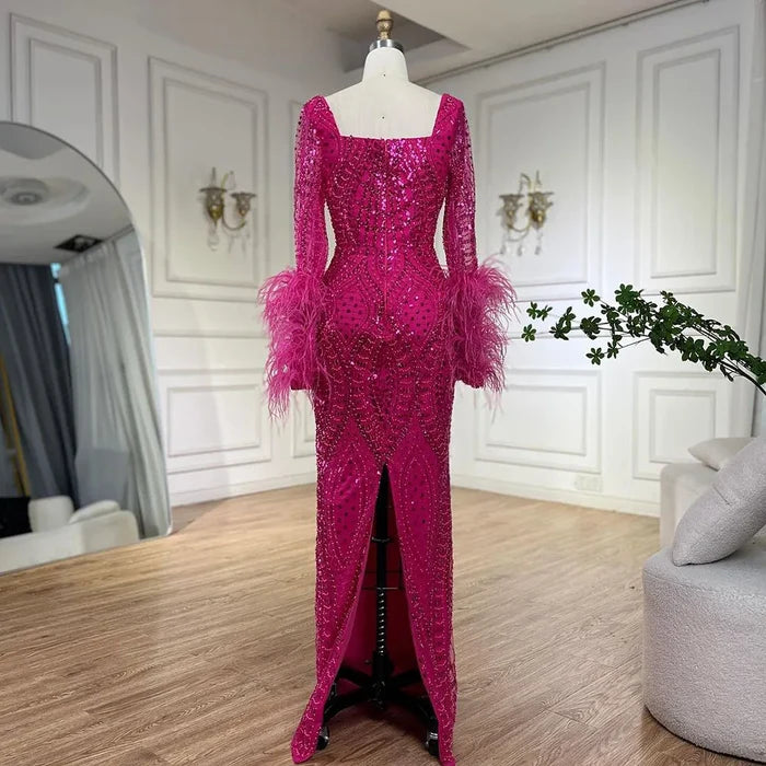 Luxury Fuchsia Dubai Evening Dress Long Sleeves with Feather LA72565 - SERENE HILL