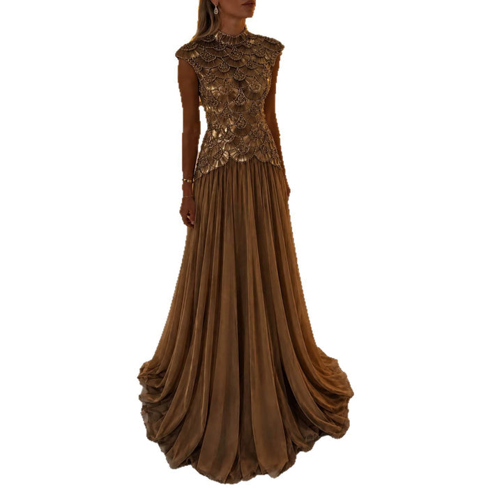 Luxury Gold High Neck Crystal Beaded A Line Dress LA73924 SERENE HILL