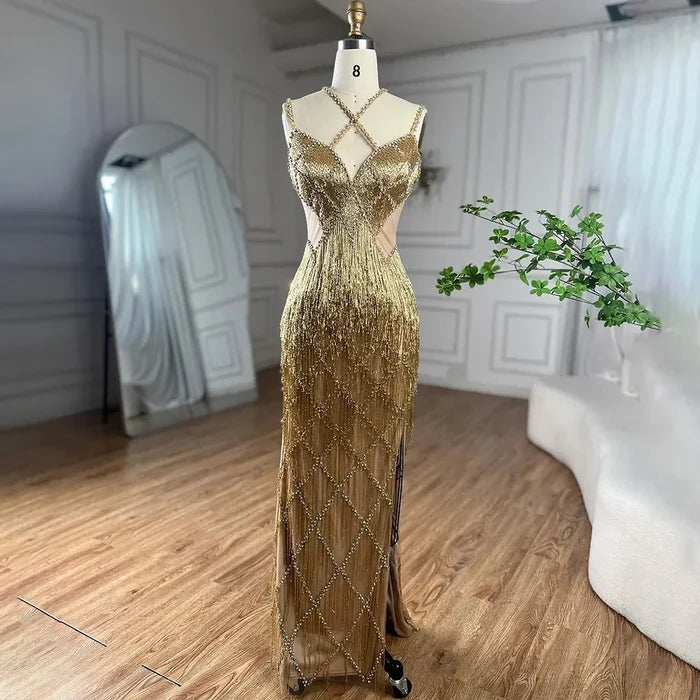 Serene Hill Dubai Silver Mermaid Gold Evening Gowns Luxury Beaded Tassel Spaghetti Strap Party Drsses For Women 2025 LA72280 - SERENE HILL