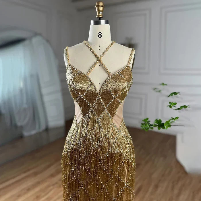 Serene Hill Dubai Silver Mermaid Gold Evening Gowns Luxury Beaded Tassel Spaghetti Strap Party Drsses For Women 2025 LA72280 - SERENE HILL
