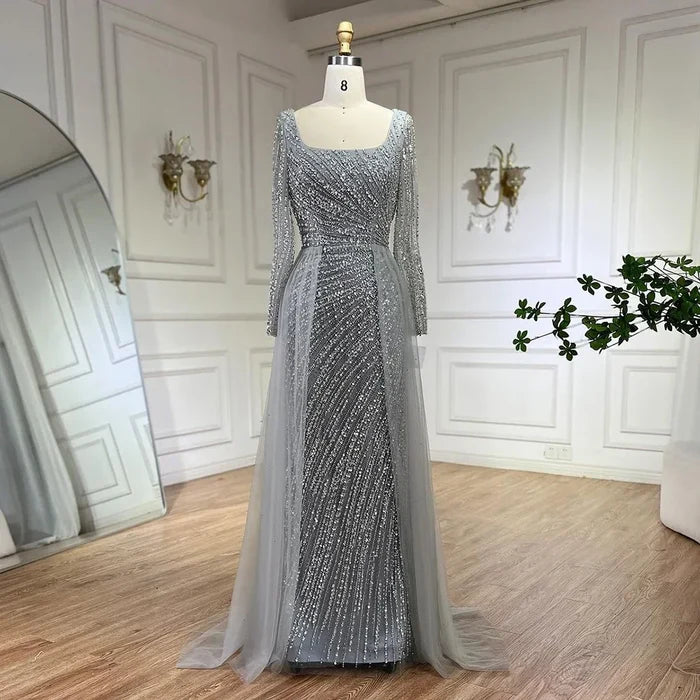 Luxury Gray Beaded Mermaid Evening Dress with Detachable Skirt LA71618L - SERENE HILL