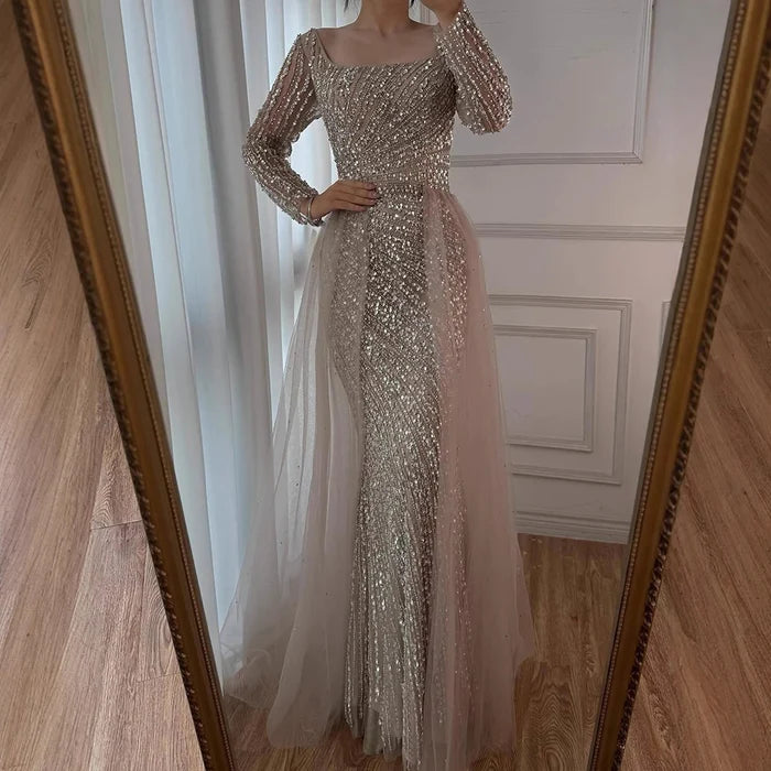 Luxury Gray Beaded Mermaid Evening Dress with Detachable Skirt LA71618L - SERENE HILL