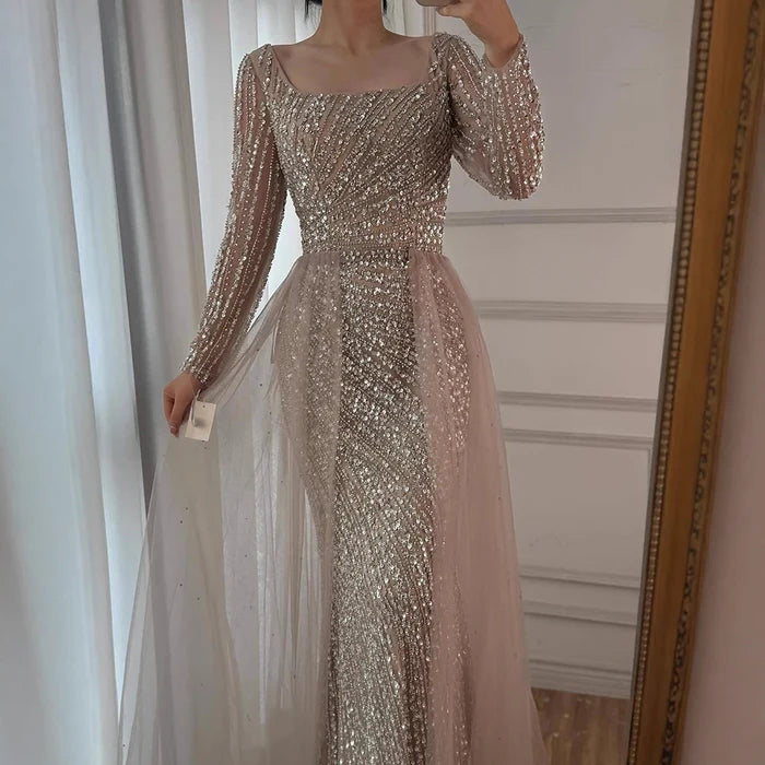 Luxury Gray Beaded Mermaid Evening Dress with Detachable Skirt LA71618L - SERENE HILL