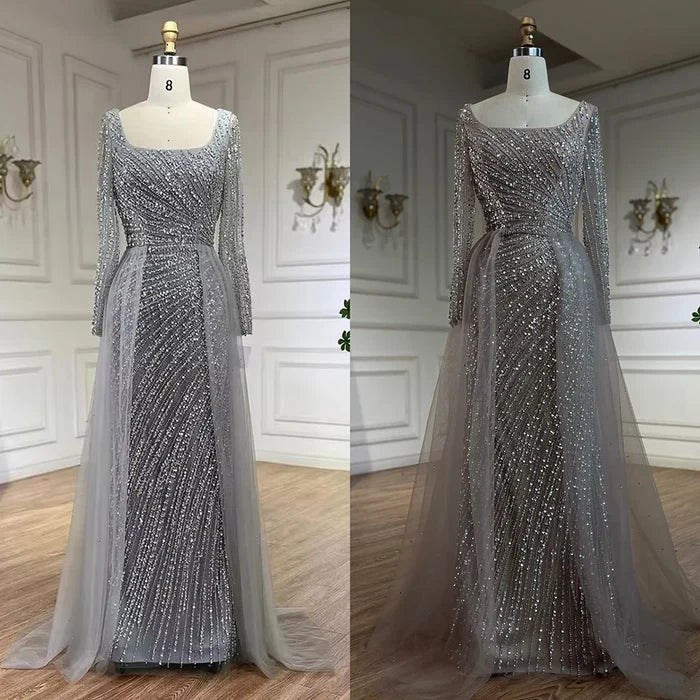 Luxury Gray Beaded Mermaid Evening Dress with Detachable Skirt LA71618L - SERENE HILL