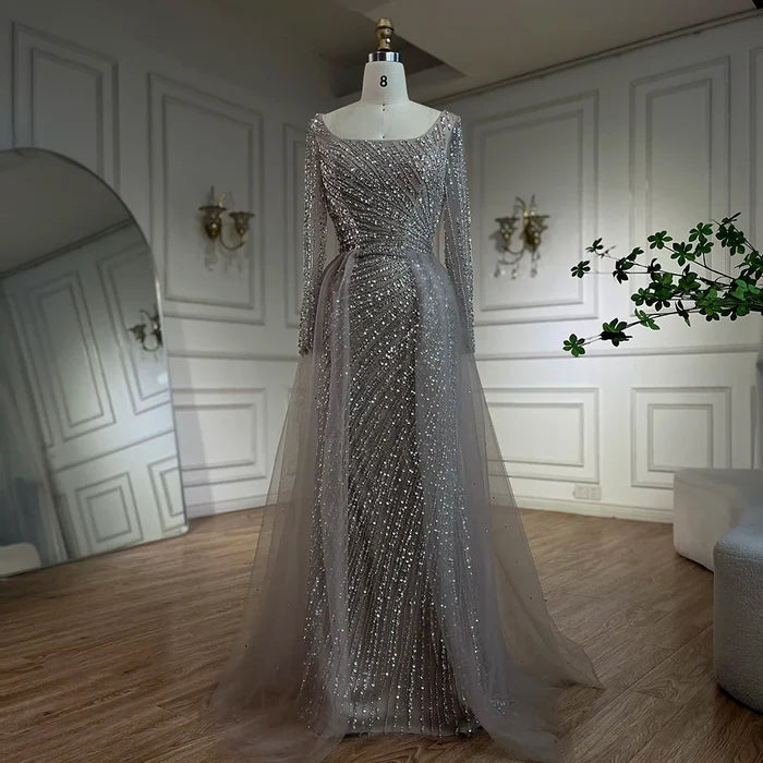 Luxury Gray Beaded Mermaid Evening Dress with Detachable Skirt LA71618L - SERENE HILL