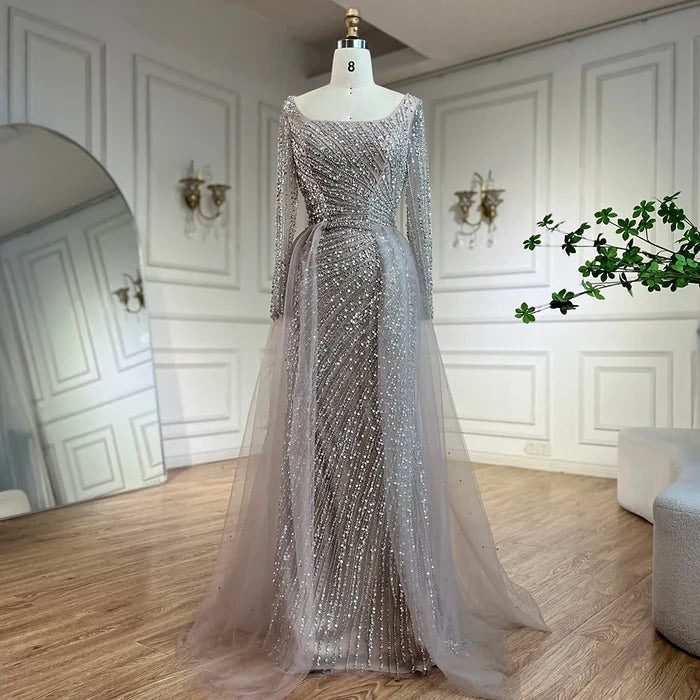 Luxury Gray Beaded Mermaid Evening Dress with Detachable Skirt LA71618L - SERENE HILL