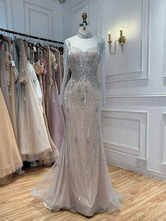 Luxury Gray Nude Pearls Beaded Mermaid Evening Dress Overskirt LA73884 SERENE HILL
