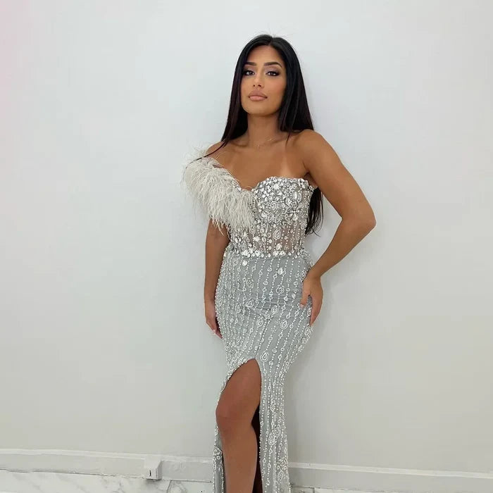 Luxury Gray One Shoulder Mermaid Beaded Feather Evening Dress LA72347 - SERENE HILL