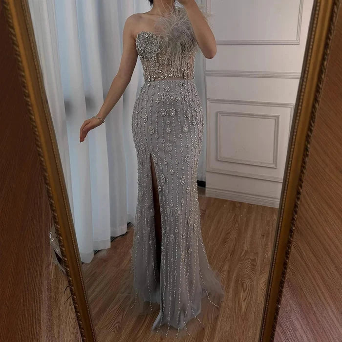 Luxury Gray One Shoulder Mermaid Beaded Feather Evening Dress LA72347 - SERENE HILL