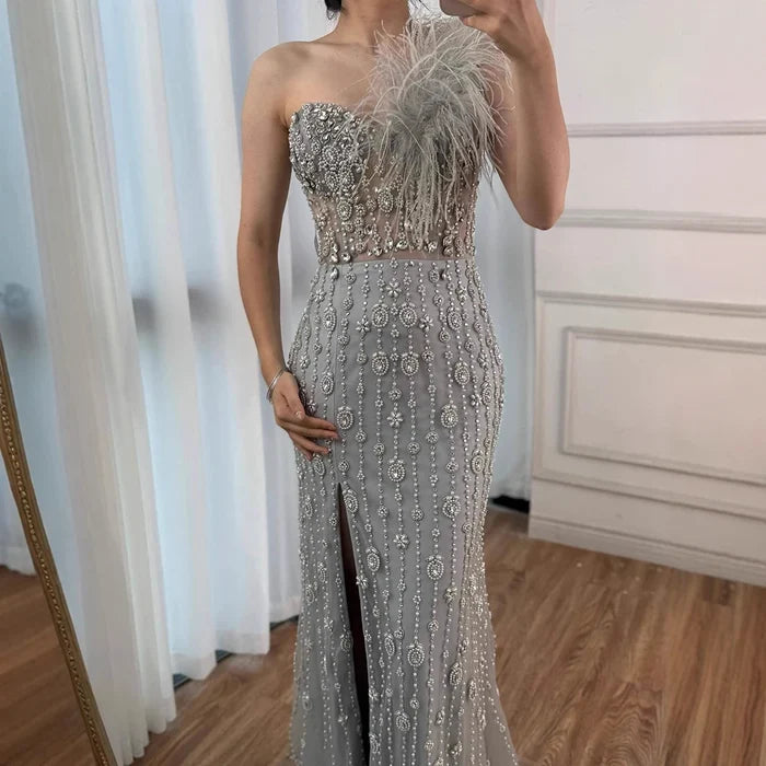 Luxury Gray One Shoulder Mermaid Beaded Feather Evening Dress LA72347 - SERENE HILL