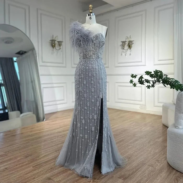 Luxury Gray One Shoulder Mermaid Beaded Feather Evening Dress LA72347 - SERENE HILL