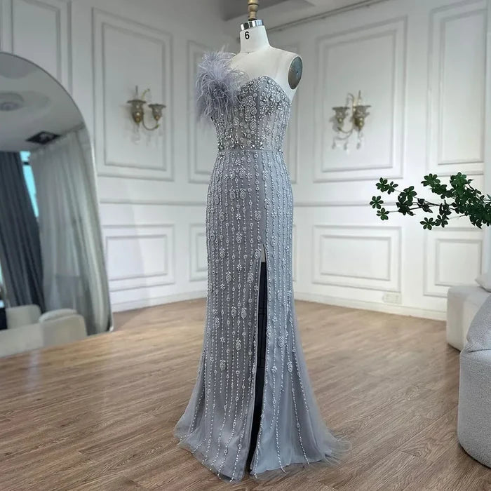 Luxury Gray One Shoulder Mermaid Beaded Feather Evening Dress LA72347 - SERENE HILL
