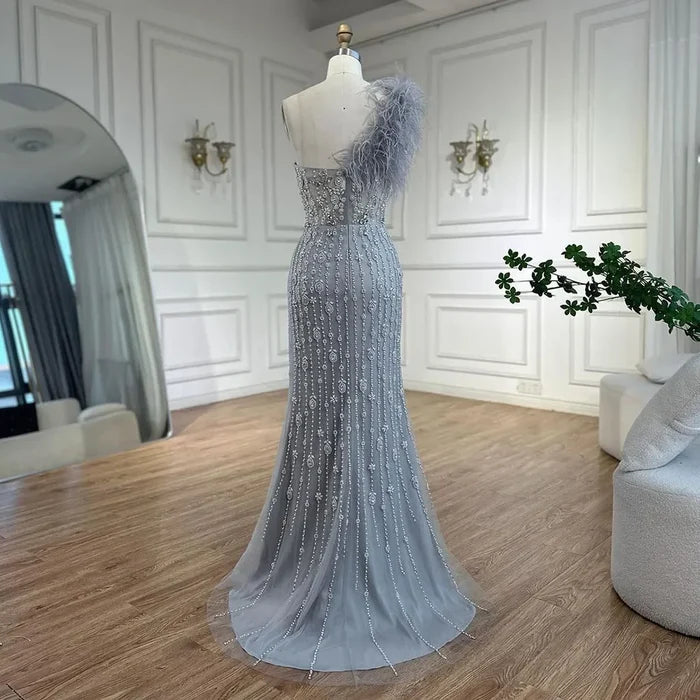 Luxury Gray One Shoulder Mermaid Beaded Feather Evening Dress LA72347 - SERENE HILL