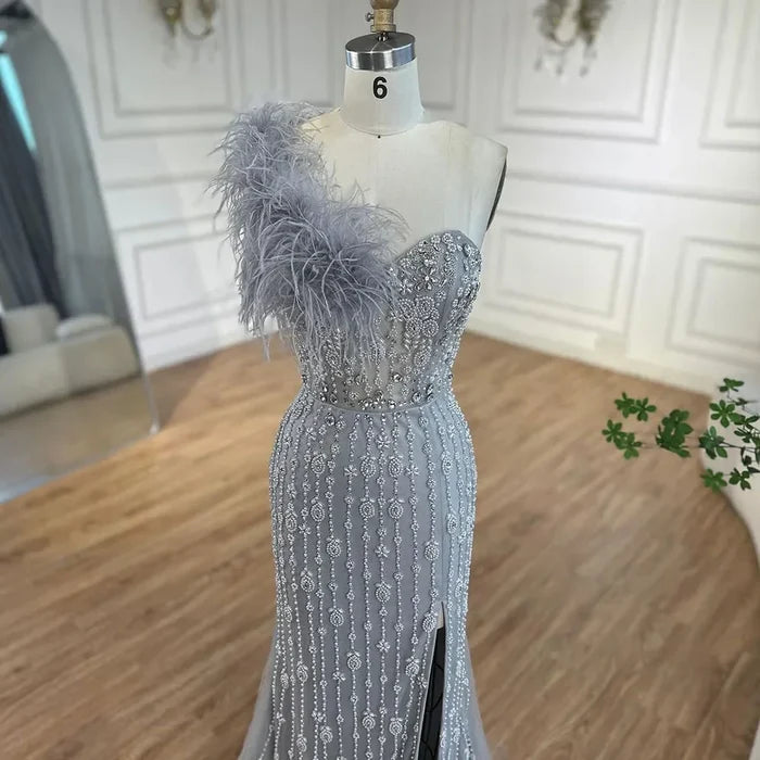 Luxury Gray One Shoulder Mermaid Beaded Feather Evening Dress LA72347 - SERENE HILL