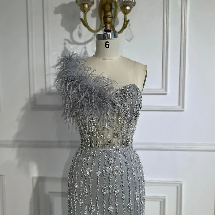 Luxury Gray One Shoulder Mermaid Beaded Feather Evening Dress LA72347 - SERENE HILL