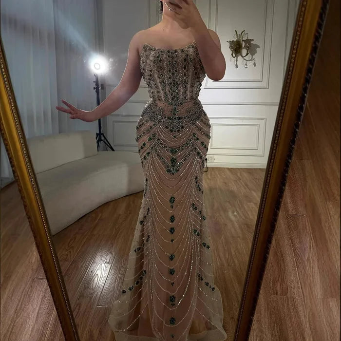 Luxury Green Beaded Saudi Arabic Evening Gown for Formal Occasion LA72842 - SERENE HILL