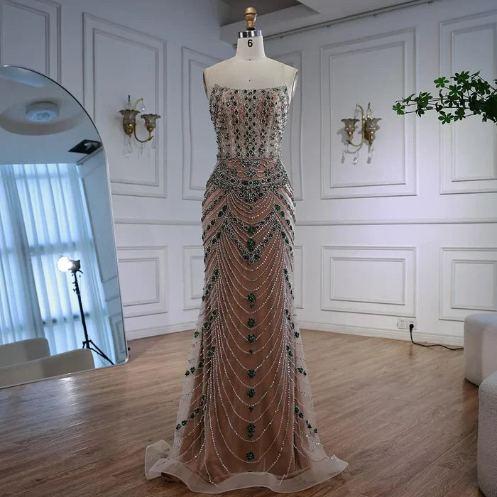 Luxury Green Beaded Saudi Arabic Evening Gown for Formal Occasion LA72842 - SERENE HILL