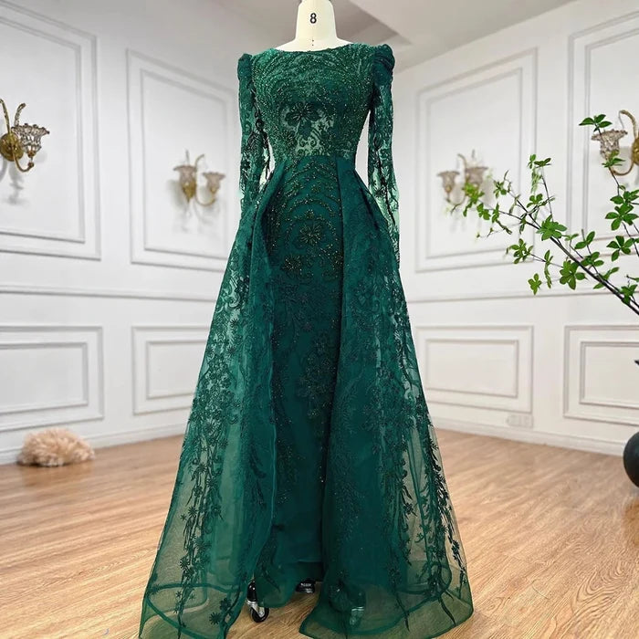 Luxury Green Muslim Arabic Mermaid Evening Dress with Overskirt LA71610A - SERENE HILL