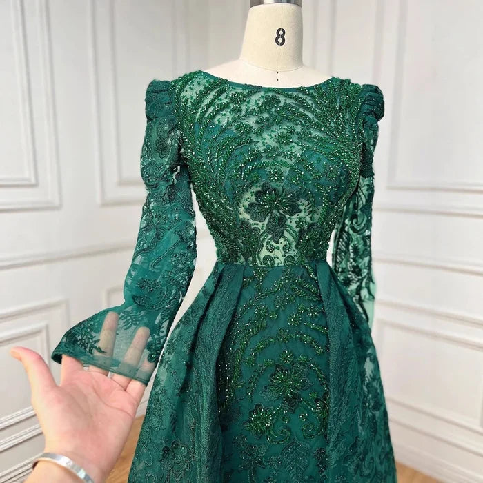 Luxury Green Muslim Arabic Mermaid Evening Dress with Overskirt LA71610A - SERENE HILL