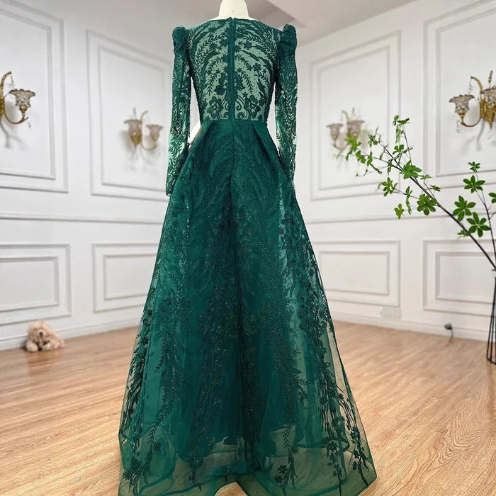 Luxury Green Muslim Arabic Mermaid Evening Dress with Overskirt LA71610A - SERENE HILL