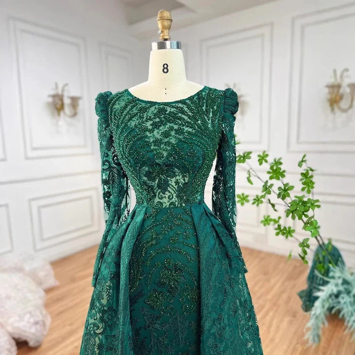 Luxury Green Muslim Arabic Mermaid Evening Dress with Overskirt LA71610A - SERENE HILL