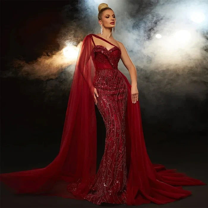 Luxury Green One Shoulder Mermaid Evening Dress with Cape LA72472 - SERENE HILL