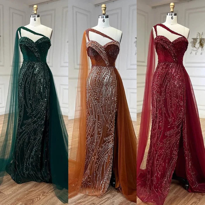 Luxury Green One Shoulder Mermaid Evening Dress with Cape LA72472 - SERENE HILL