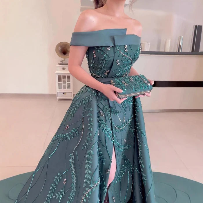 Luxury Green One Shoulder Satin Evening Dress with Overskirt LA72178 - SERENE HILL