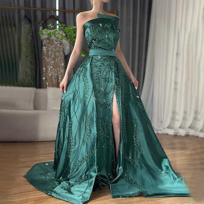 Luxury Green One Shoulder Satin Evening Dress with Overskirt LA72178 - SERENE HILL