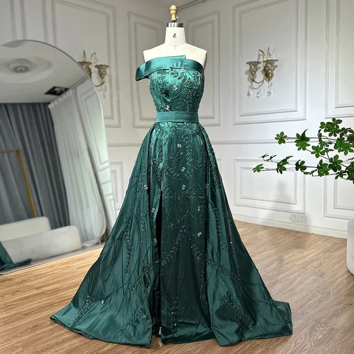 Luxury Green One Shoulder Satin Evening Dress with Overskirt LA72178 - SERENE HILL