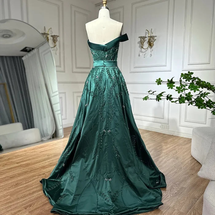 Luxury Green One Shoulder Satin Evening Dress with Overskirt LA72178 - SERENE HILL
