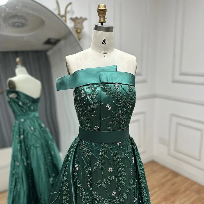 Luxury Green One Shoulder Satin Evening Dress with Overskirt LA72178 - SERENE HILL