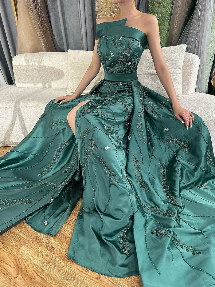 Luxury Green One Shoulder Satin Evening Dress with Overskirt LA72178 - SERENE HILL