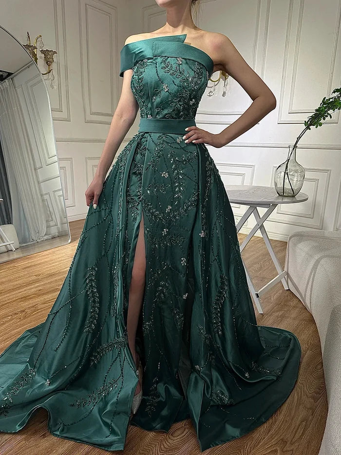 Luxury Green One Shoulder Satin Evening Dress with Overskirt LA72178 - SERENE HILL