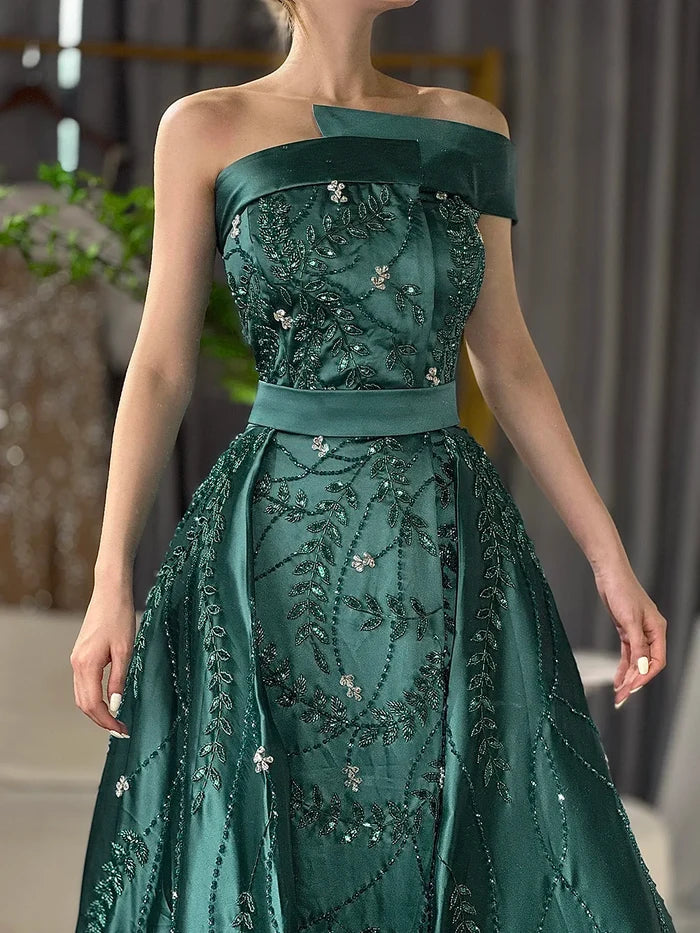 Luxury Green One Shoulder Satin Evening Dress with Overskirt LA72178 - SERENE HILL