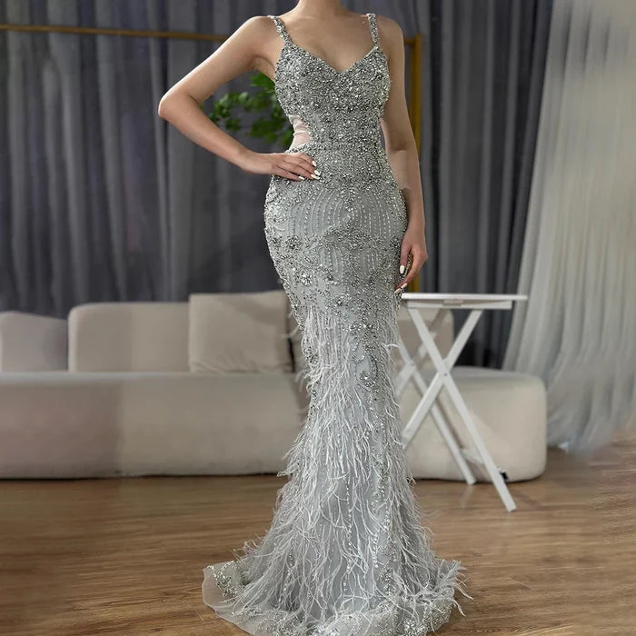 Luxury Grey Feather Beaded Spaghetti Straps Evening Dress LA71652A - SERENE HILL
