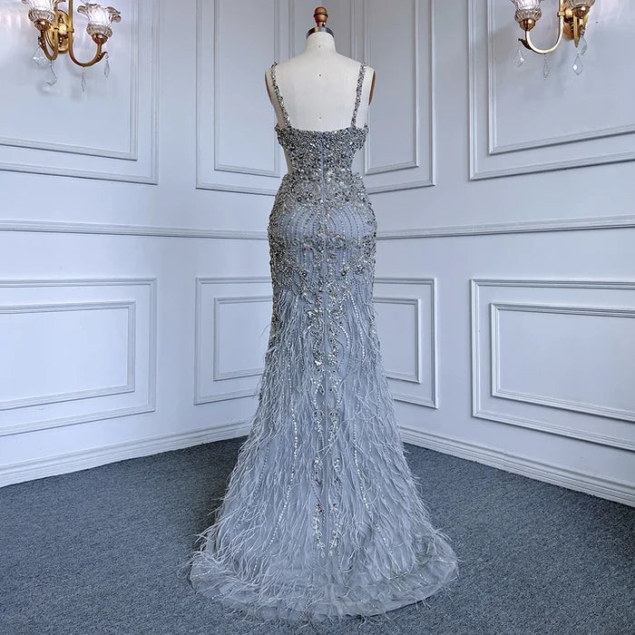 Luxury Grey Feather Beaded Spaghetti Straps Evening Dress LA71652A - SERENE HILL