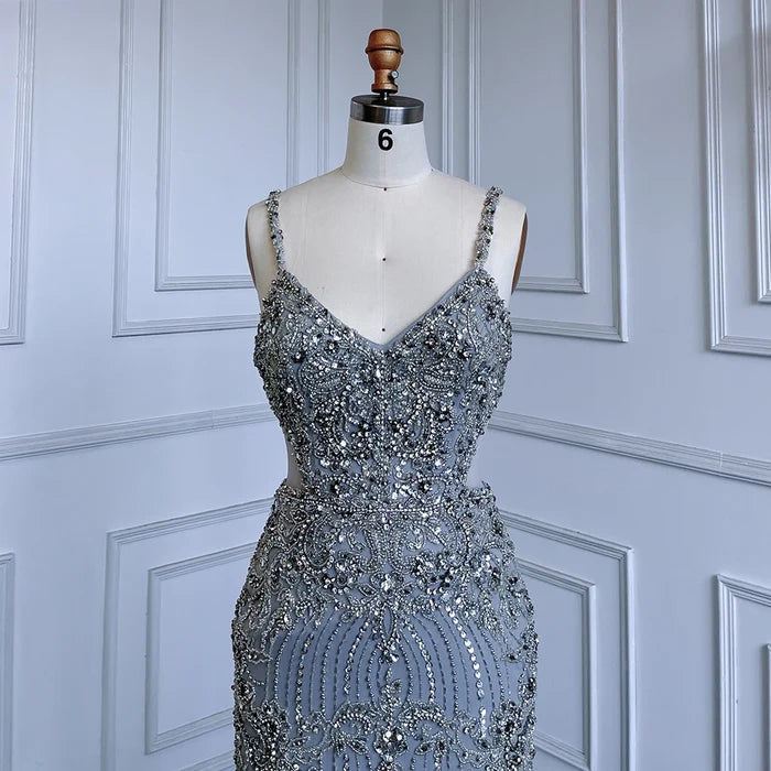 Luxury Grey Feather Beaded Spaghetti Straps Evening Dress LA71652A - SERENE HILL