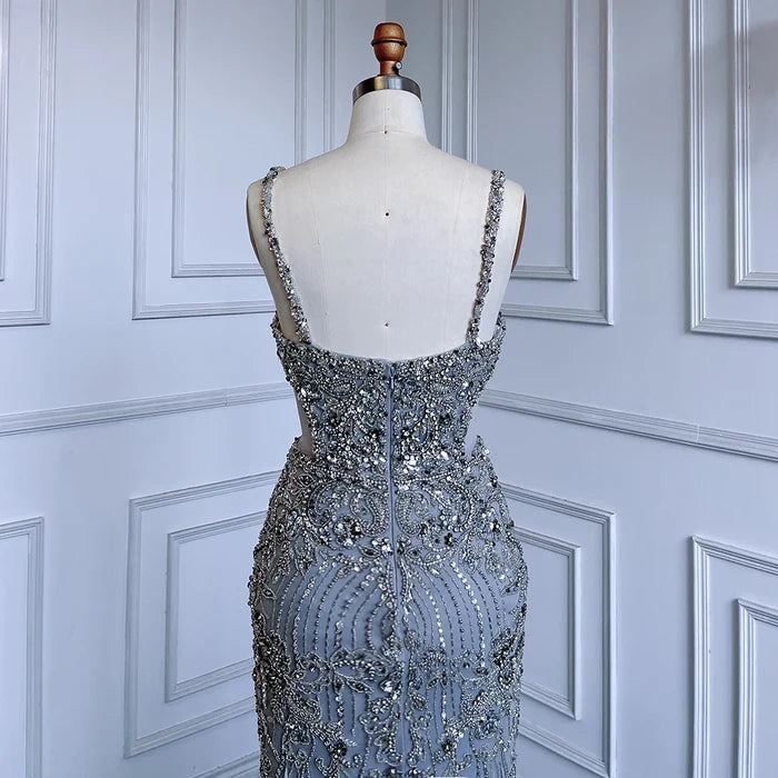 Luxury Grey Feather Beaded Spaghetti Straps Evening Dress LA71652A - SERENE HILL