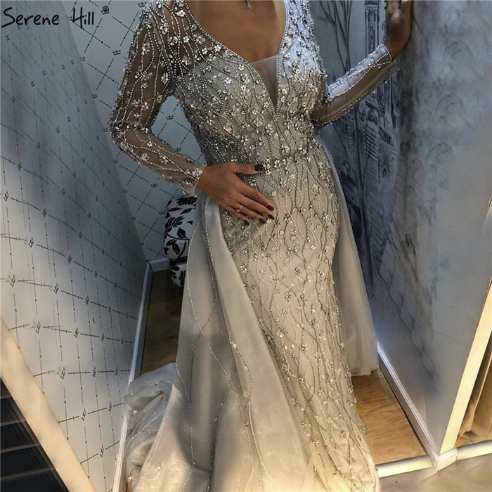 Luxury Grey Mermaid Evening Dress with Detachable Train and Diamond Beading LA70341 - SERENE HILL