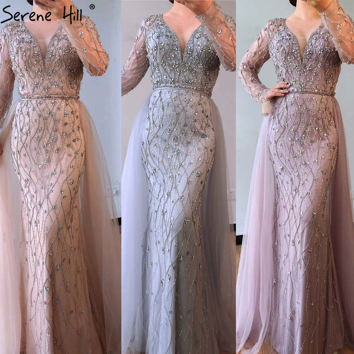 Luxury Grey Mermaid Evening Dress with Detachable Train and Diamond Beading LA70341 - SERENE HILL