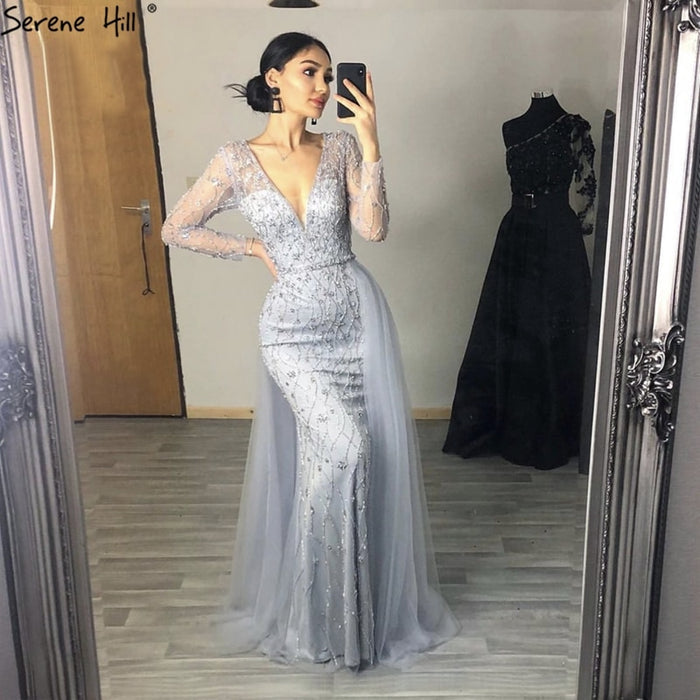 Luxury Grey Mermaid Evening Dress with Detachable Train and Diamond Beading LA70341 - SERENE HILL