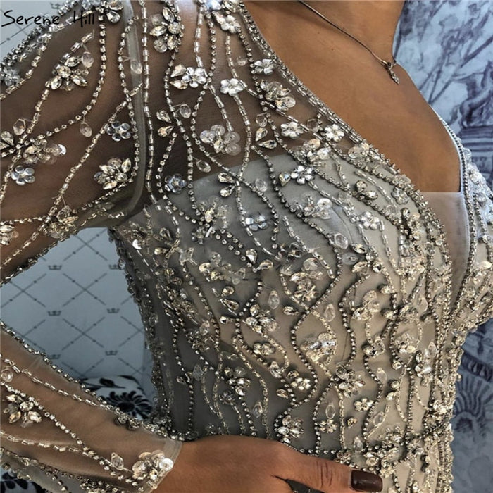 Luxury Grey Mermaid Evening Dress with Detachable Train and Diamond Beading LA70341 - SERENE HILL