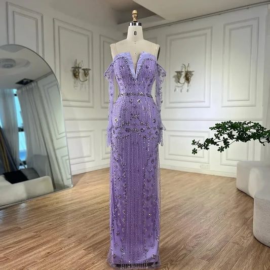 Serene Hill Arabian Lilac Mermaid Luxury Beaded Evening Gown with Glove Sleeves for Women - Wedding Party 2025 LA72333 - SERENE HILL