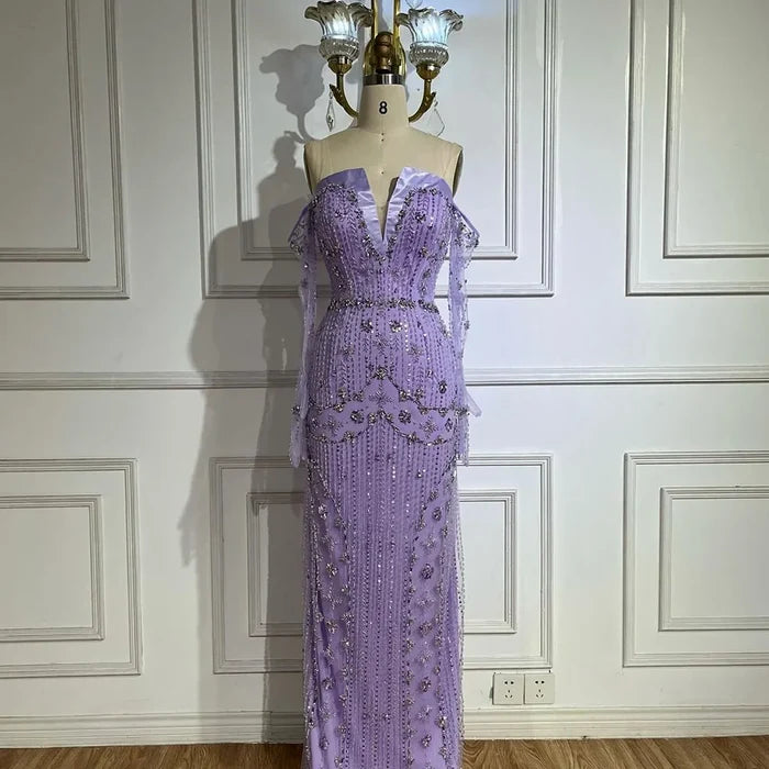 Serene Hill Arabian Lilac Mermaid Luxury Beaded Evening Gown with Glove Sleeves for Women - Wedding Party 2025 LA72333 - SERENE HILL