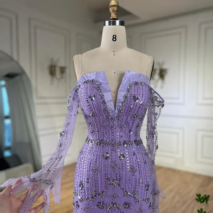 Serene Hill Arabian Lilac Mermaid Luxury Beaded Evening Gown with Glove Sleeves for Women - Wedding Party 2025 LA72333 - SERENE HILL